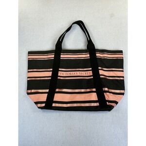 Victoria's Secret Striped Canvas Tote Bag Black Pink Rose Gold Metallic Zipper